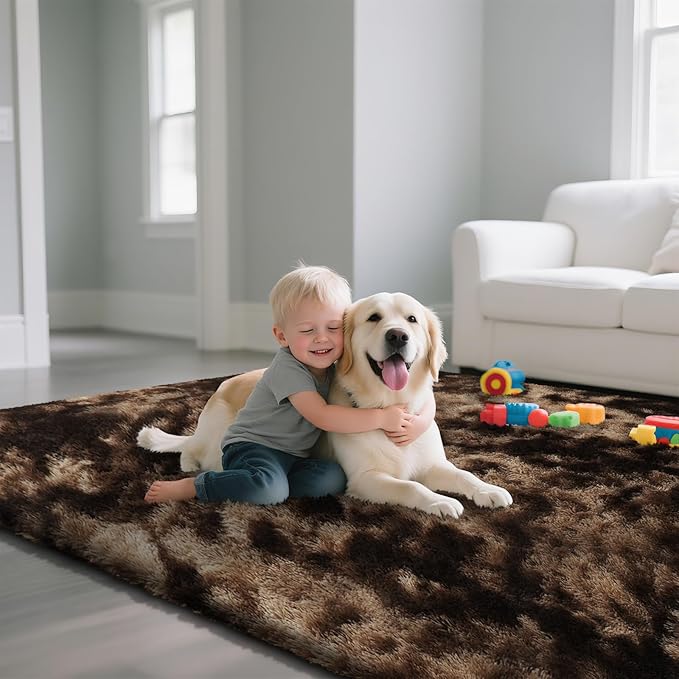 Fluffy Rug Shaggy Area Rug, Mottling Brown 8x10 Area Rugs for Living Room, Large Shag Area Rugs for Bedroom Kids Room Home Decor, Upgrade Anti-Skid Rectangular Fuzzy Rugs