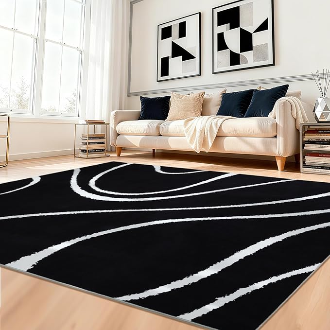 YIHOUSE Abstract Washable Rug 6x9,Ultra Thin Non Slip Black Rugs for Living Room,Modern Minimalist White Stripe Rugs for Bedroom,Dining Room Office Playroom (6'x9',Black-2)