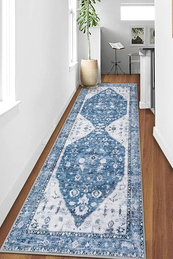 COMSLE Boho Runner Rug, 2' x 8' Washable Area Rugs for Hallway Faux Wool Small Kitchen Distressed Throw Rug Non-Slip Laundry Room Carpet Runner for Entryway Indoor Door Mat Bedroom