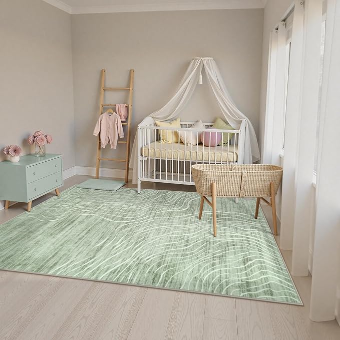 LIVEBOX Machine Washable Modern Abstract 6x9 Area Rug, Non Slip Large Bedroom Living Room Nursery Girl Rug Minimalist Wave Striped Neutral Boys Rug, Carpet for Dining Room Playroom(Sage Green,6'x9')