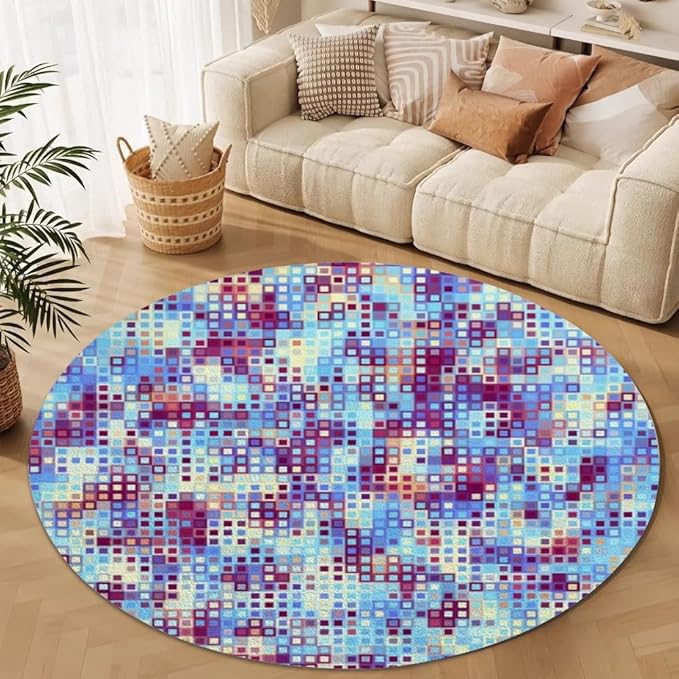 Abstract Pixel Geometry Round Rug Ombre Blue Purple Living Room Circle Area Rugs 4ft Washable Soft Non Slip Low Pile Indoor Floor Carpet for Bedroom Office Kitchen Coffee Table