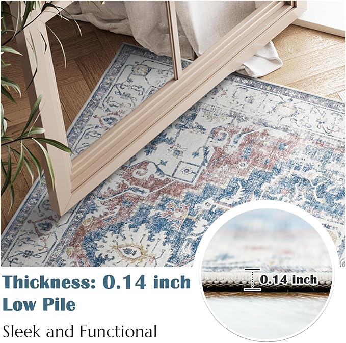 jinchan Kelda Runner Rug 3x10 Vintage Hallway Rug Washable Runner Retro Floor Cover Lightweight Non-Slip Low Pile Thin Distressed Carpet for Entryway Bathroom Laundry Room Bedroom Stairway Navy Blue