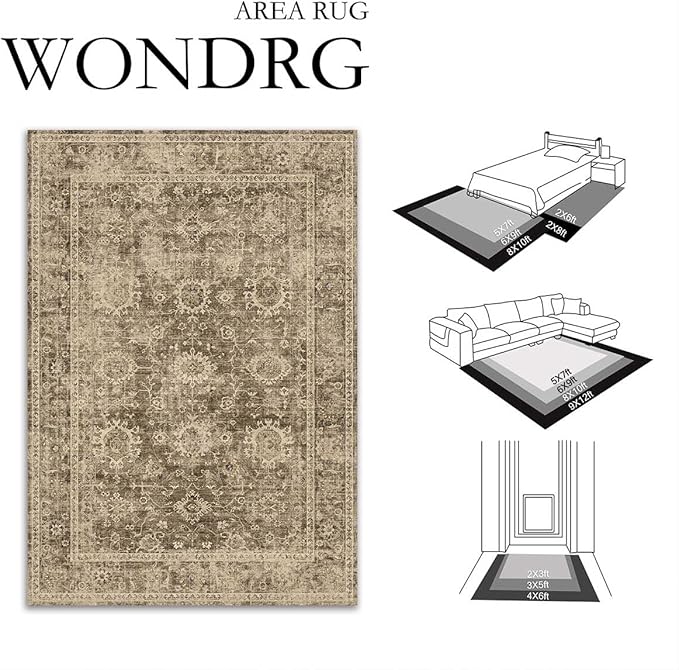 9x12 Brown Vintage Area Rug for Living Room Bedroom Large Distressed Rustic Carpet Non-Slip Low Pile Lightweight Vacuumable Soft Washable Throw Rug for Indoor Dining Room