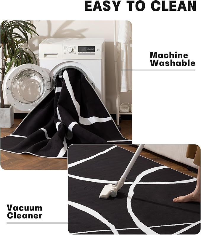 YIHOUSE Modern Washable Area Rug for Living Room Bedroom - Large Abstract Black and White Rug Non-Slip Ultra-Thin Home Decor (Dark Curve, 5'x7'ft)