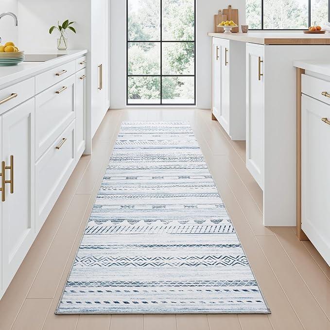 2x10 Runner Rug Machine Washable Non Slip Area Rug Distressed Neutral Moroccan Boho Rug Ultra Soft Floor Runners for Hallways for Entryway Laundry Room Kitchen, Blue