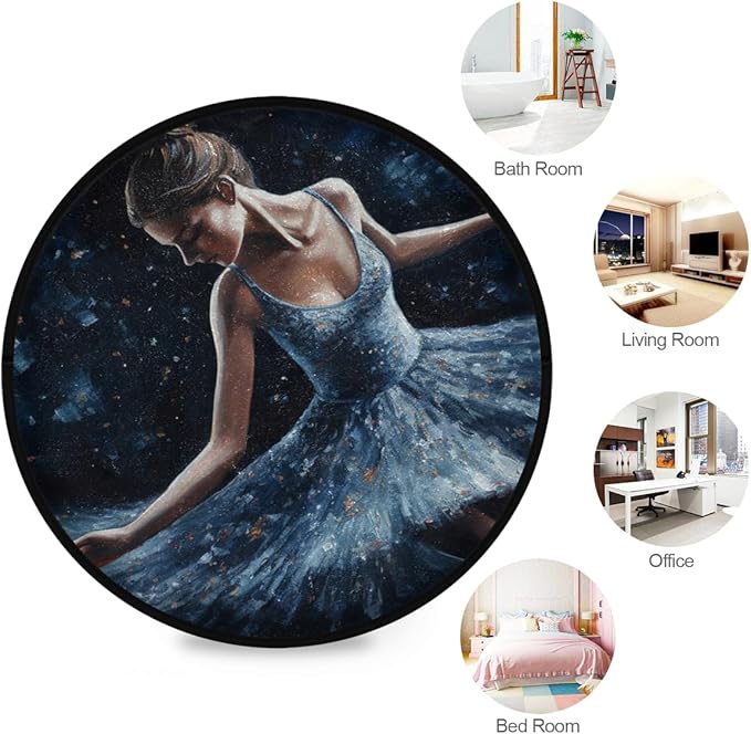 Washable Small Round Area Rug with Non-Slip Backing and Ballerina Painting Perfect for Indoor or Outdoor Use in Living Room, Bedroom, or Office