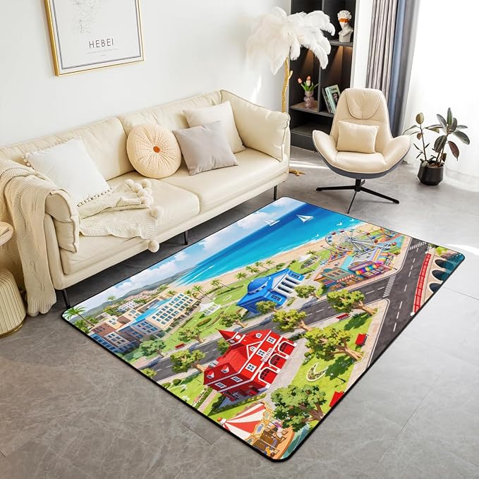 Kids Large Area Rug 5x7 City Life House Living Room Rug | 3D Cityscape Rugs for Bedroom, Fun Educational Gift Urban Landscape Carpet Indoor Floor Mat