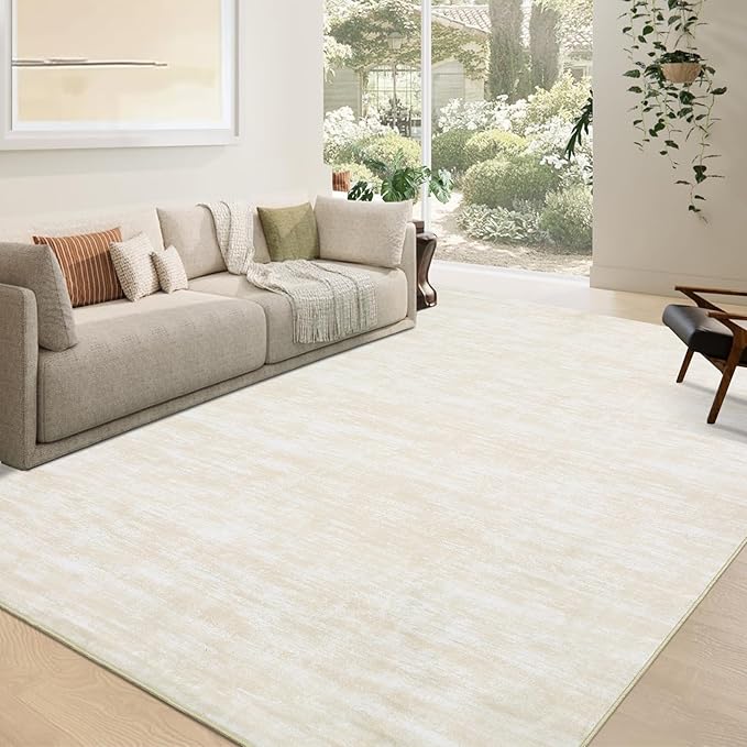 RUGSREAL Washable 9x12 Area Rug for Living Room Non-Slip Large Bedroom Rug Modern Solid Color Dining Room Throw Carpet Contemporary Area Rug for Home Decor Office, 9' x 12' Cream-White