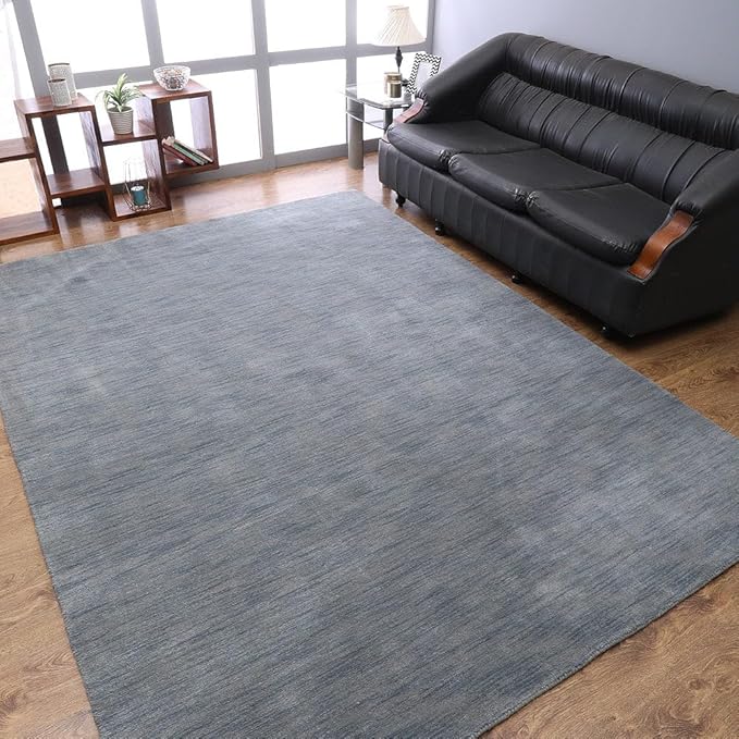 Hand Knotted Loom Wool ECO-Friendly Area Rugs - 8'x10', Rectangle, Light Blue Color, Solid Plain Design, High Pile Thick Handmade Anti Skid Rugs for Living Room (L00111)