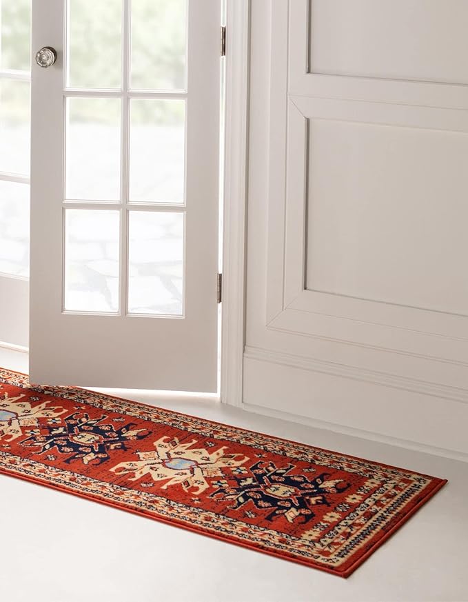Unique Loom Taftan Collection Border Geometric Tribal Inspired Design Area Rug (3' 0 x 16' 5 Runner, Terracotta/ Ivory)