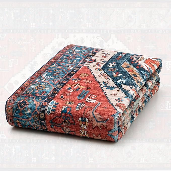 SERISSA Washable Rugs 8x10 Area Rugs, Large Non-Slip Boho Living Room Rust Rug, Ultra Soft Vintage Print Distressed Oriental Tribal Farmhouse Carpet for Dining Room Bedroom Dorm Office Home Decor