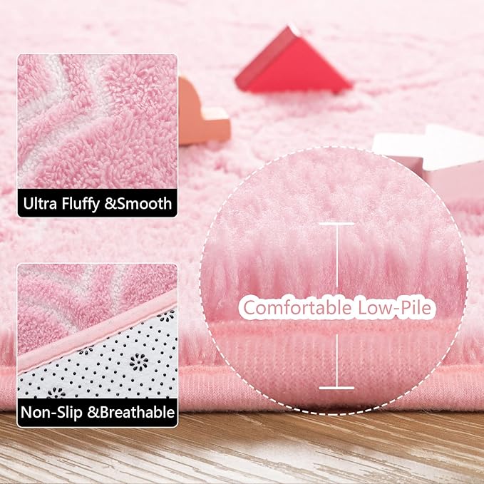 Amearea Fluffy Indoor Area Rug, Soft Trellis Moroccan Rugs for Bedroom, Shag Modern Area Rug for Living Room Kids Room Nursery, Easy Clean, Home Decor Low Pile Carpet, Pink 5x7 Feet