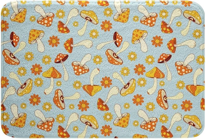 Erosebridal Hippie Mushroom Bath Rugs Kids Cute Groovy Floral Bathroom Mats Boho Retro 70s Theme Decor Bath Carpets 20x32 Bohemian Kawaii Floor Mats Girls Flower Bathroom Rugs