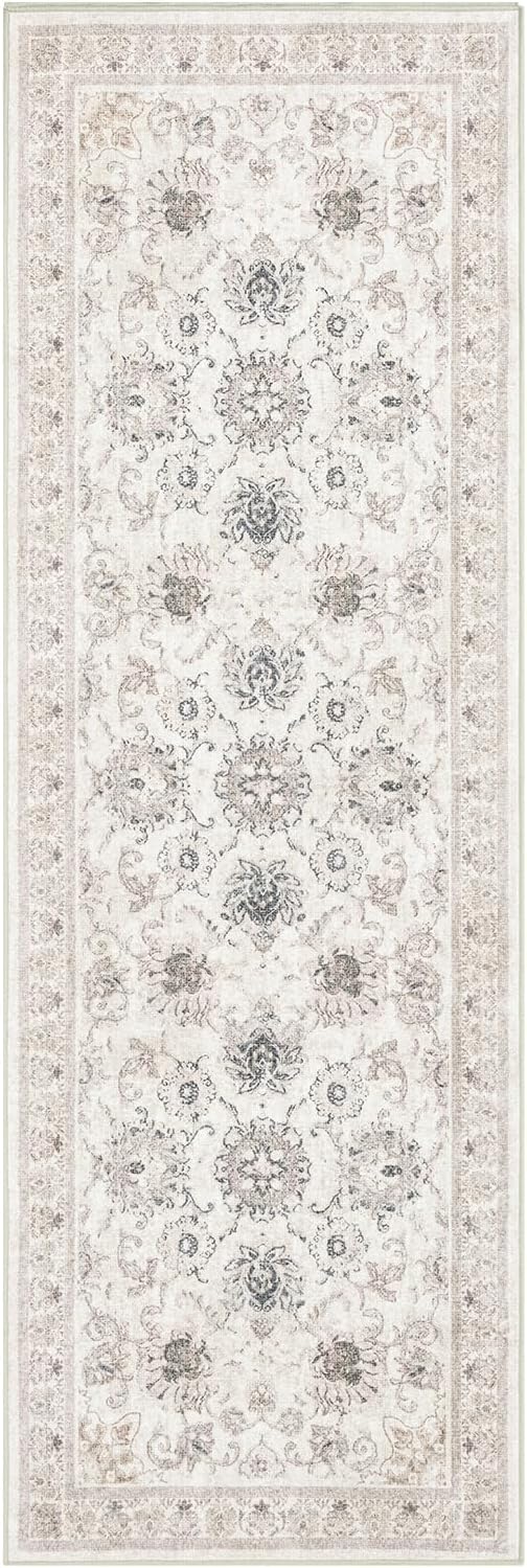 Phantoscope Washable Runner Rug 2'x6' Non-Slip, Vintage Neutral Hallway Rugs for Entryway, Stair, Bedroom, Distressed Boho Floral Medallion Pattern, Low-Pile Foldable Carpet, Cream Beige/Neutral