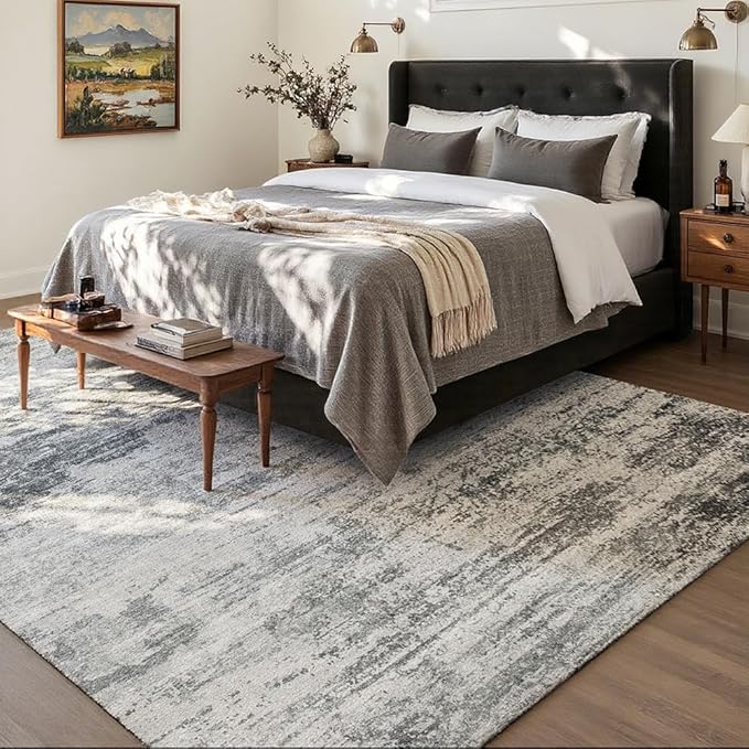 Area Rug 5x7 Washable Rug Grey for Living Room, Dining Room, Bedroom, Large Carpets, Non Slip & Non-Shedding Low Pile Vintage Print Rug for Home Office Decor