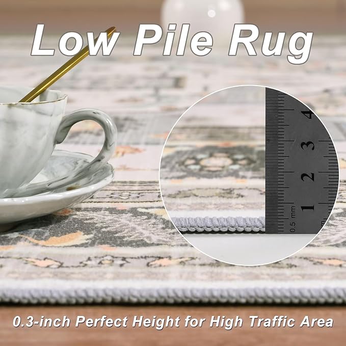 6x9 Grey Beige Area Rug for Living Room, Machine Washable Rugs with Non-Slip Backing for Bedroom, Vintage Medallion Carpet Dining Room Office Kids Room Decor