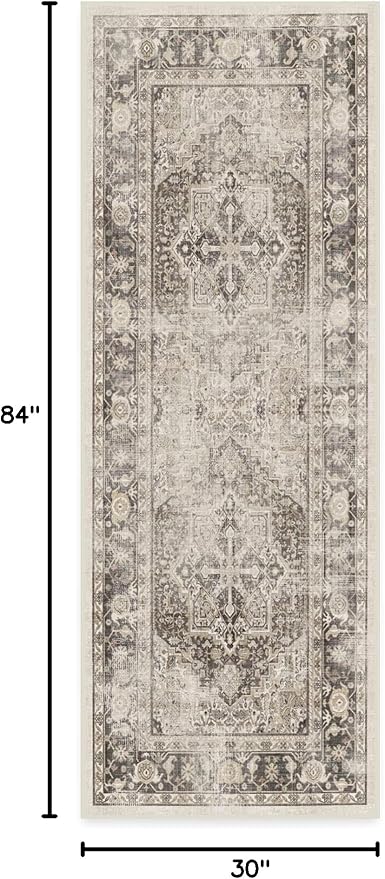 RUGGABLE Washable Vintage Runner Rug – Kamran Hazel 2.5x7, Stain-Resistant, Non-Slip Hallway Runner – Machine Washable Rug for Hallway, Entryway, Living Room & Kitchen–with Cushioned Pad