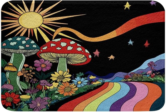 Erosebridal Trippy Mushroom Rugs Groovy Floral Fluffy Rugs Rainbow Striped Indoor Entry Rug 16x24 Hippie Boho Eye Non Slip Bathroom Carpet Starry Night Floor Mats 70s Theme Decor