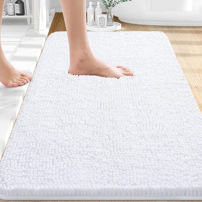 OLANLY Bathroom Rugs 30x20, Extra Soft Absorbent Chenille Bath Rugs, Rubber Backing Quick Dry, Machine Washable Bath Mats for Bathroom Floor, Tub and Shower, Home Decor Accessories, White