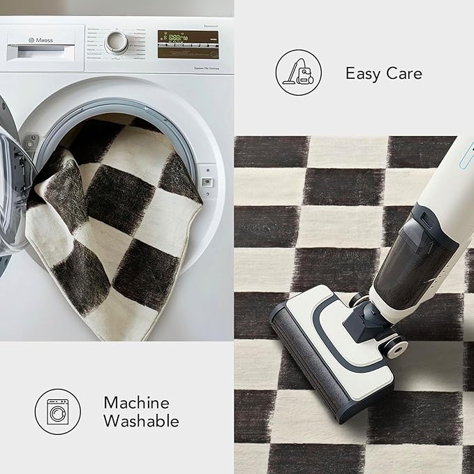 EVERGRACE Checkered Plaid Area Rug 8x10, Soft Fuzzy Faux Wool Rugs Washable Anti Slip Rugs Large Rug Carpet for Entryway Bedroom Living Room Hallway Kitchen and Laundry Room, Black and White