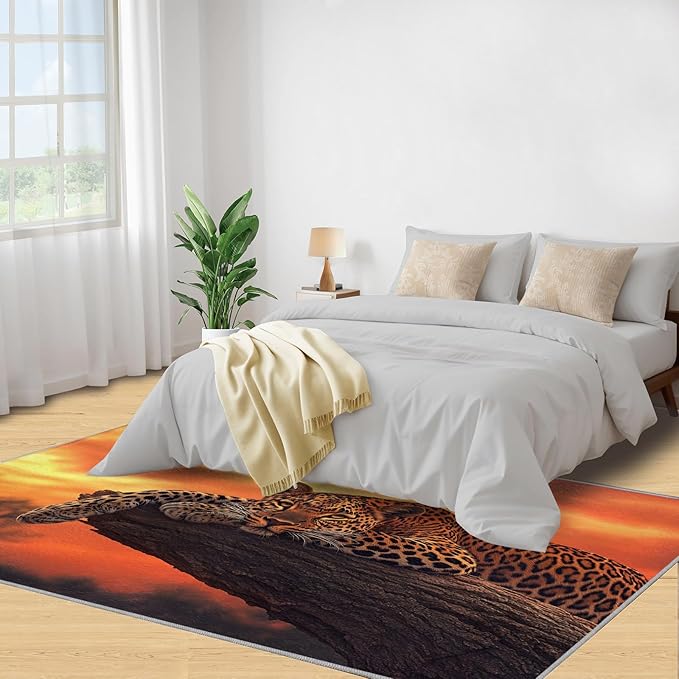4x5 Sunrise Leopard Indoor Outdoor Rug - Sunset African Savanna Bedside Rug, Wild Animal Washable Entry Way Rugs Kids Carpet for Inside House Playroom Living Room End Table Nursery