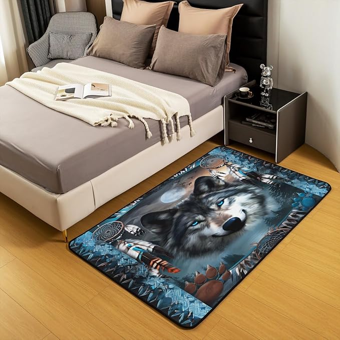 Western Wolf 3 x 5 Area Rug Bohemian Dream Catchers Rugs for Living Room | Woodland Animals Washable Rug, Dreamcatcher Wildlife Carpet Indoor Floor Mat