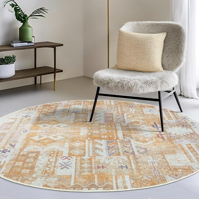 GLN Rugs Traditional Collection - Machine Washable Area Rug, Traditional Washable, Non Slip, Low Pile Chenille Rug, Living Room, Bedroom, Kitchen Rug (5'3" Round Sand/Light Gray)