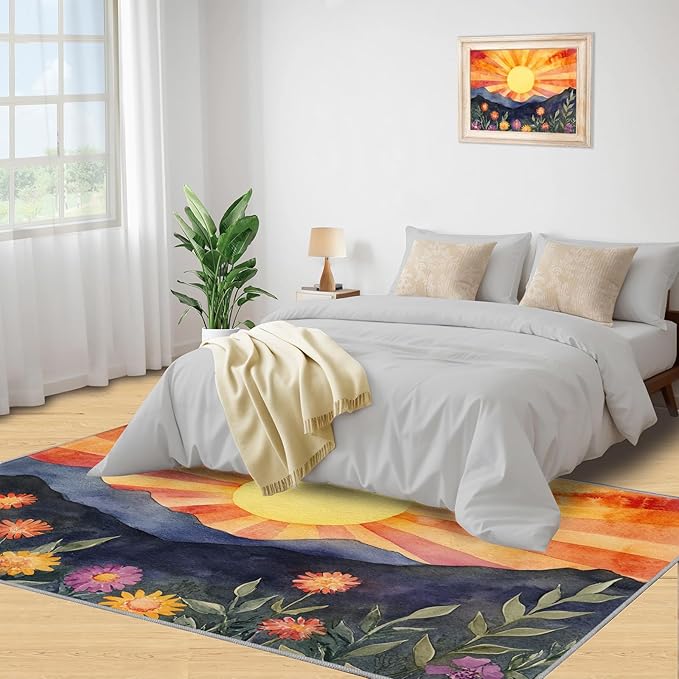 Boho Sun Area Rugs 4x5ft, Radiant Sunburst Kids Play Rug, Geometric Solar Throw Rugs Bedroom Fluffie Soft for Coffee Shop Living Room Under Table Game Room