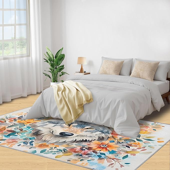 3x6 Wolf Bedroom Rug Under Bed - Watercolor Florals Kids Room Rugs, Animals Bedroom Runner Rug Soft Washable for Living Room Kitchen