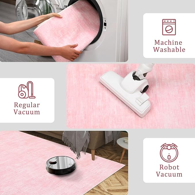 RUGSREAL Area Rug 5x7 Machine Washable Area Rug for Living Room Non-Slip Stain Resistant Modern Abstract Bedroom Rug Contemporary Solid Throw Rug Foldable Accent Floor Carpet for Dining Room, Pink