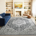 Marsail 8x10 Machine Washable Area Rug,Soft & Slip-Resistant, Vintage Floral Short-Pile with Reinforced Bound Edges, Large Rug for Living Room, Dining Room, Bedroom,Light Grey