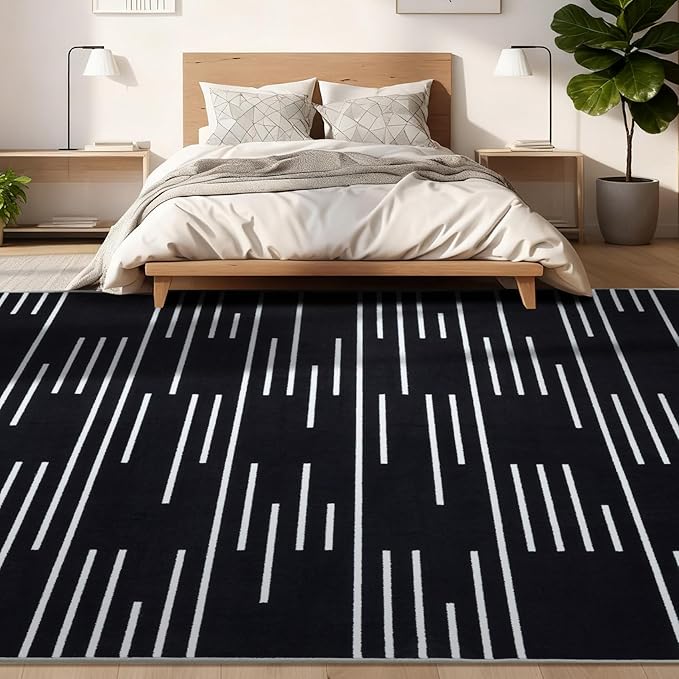 YIHOUSE Abstract Washable Rug 8x10,Ultra Thin Non Slip Black Rugs for Living Room,Modern Minimalist White Stripe Rugs for Bedroom,Dining Room Office Playroom (8'x10',Black-3)