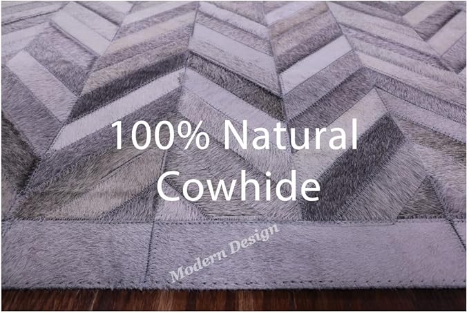 Modern Design Premium Cowhide Leather Carpet with Chevron Pattern, Area Rug (Natural Multi Grey, 9'6"x14'0)