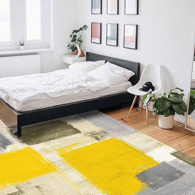 Yellow Rectangular Area Rugs for Living Room Bedroom 3 x 5 ft Abstract Paint Texture Modern Art Non-Shedding Soft Low Pile Rug Non Slip Washable Rug for Nursery Entryway Playroom