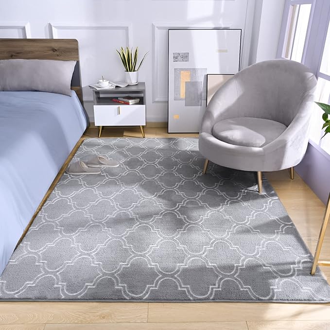 Amearea Fluffy Indoor Area Rug, Soft Trellis Moroccan Rugs for Bedroom, Shag Modern Area Rug for Living Room Kids Room Nursery, Easy Clean, Home Decor Low Pile Carpet, Light Gray 5x7 Feet