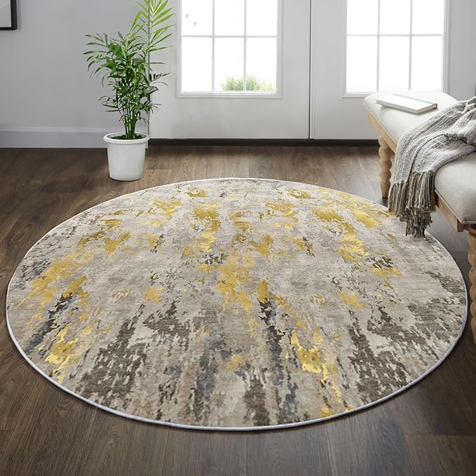 vivorug Round Rug 4ft Abstract Round Area Rug Non-Slip Indoor Carpet for Living Room Bedroom Entryway, Stain Resistant Home Decor Circle Rug, Grey/Mustard