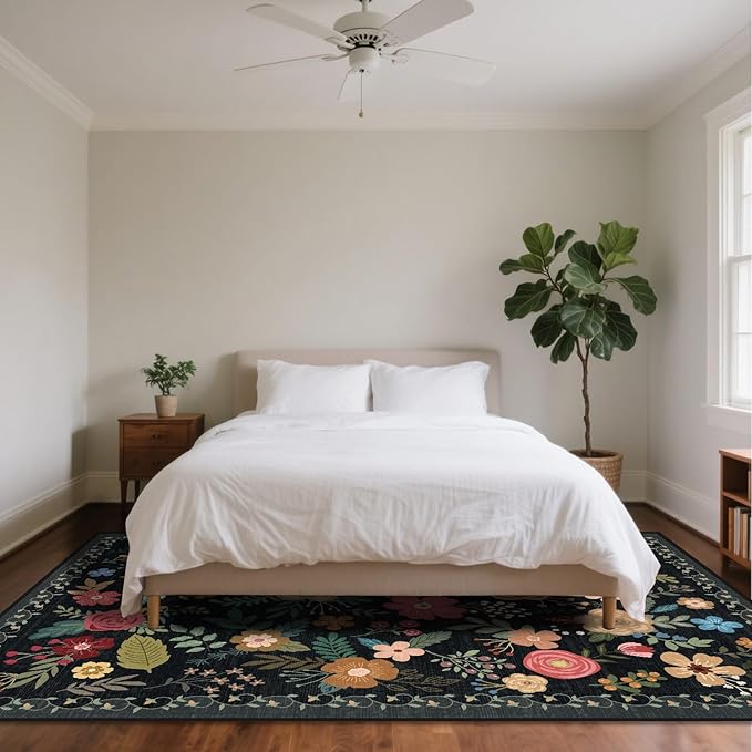 6x9 Area Rug, Floral Rugs for Living Room, Stain-Resistant Washable Bedroom Rug, Non-Slip Area Rugs for Dining Room Under Table, Indoor Carpet for Home Office (6 x 9 Black)
