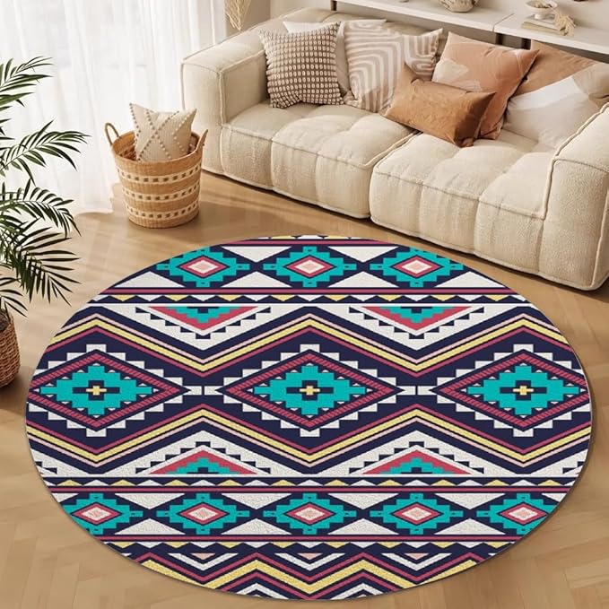Native Tribal Geometry Round Rug Vintage Blue White Living Room Bedroom Area Rug Non Slip Soft Low Pile Washable Indoor Floor Carpet for Dining Room Kitchen Office Entryway 4ft