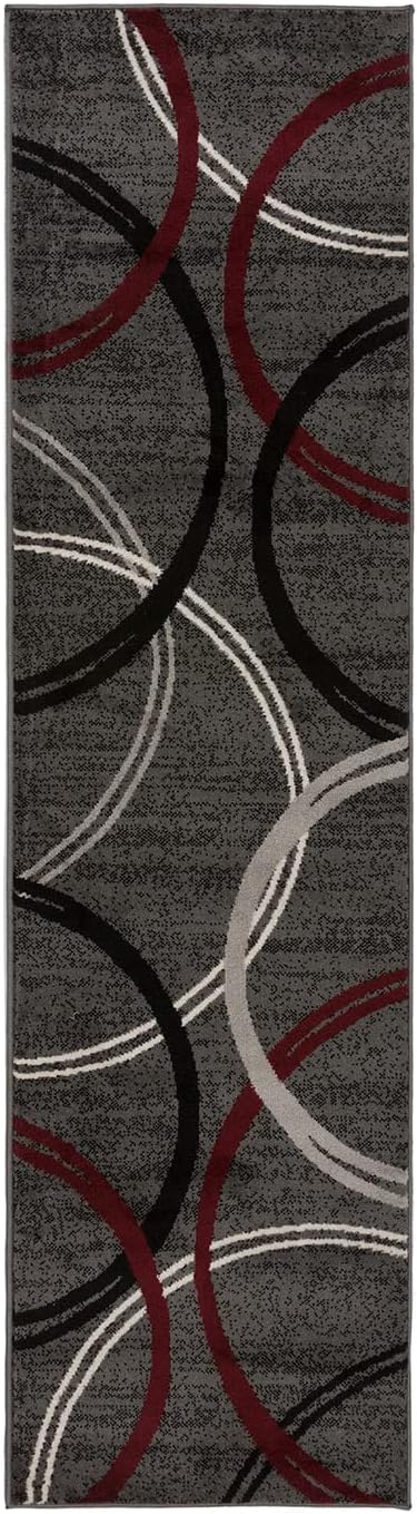 Rugshop Modern Wavy Circles Design Non-Shedding Runner Rug, Carpet for Hallway or Kitchen, Red, 2' x 7'2"