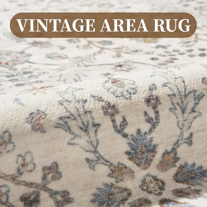 MontVoo-Vintage Area Rug 6X9 Beige Rugs for Living Room-Soft Distressed Printed Rugs for Bedroom-Non Slip Carpet-Machine Washable Rug for Dining Room Living Room Bedside Office