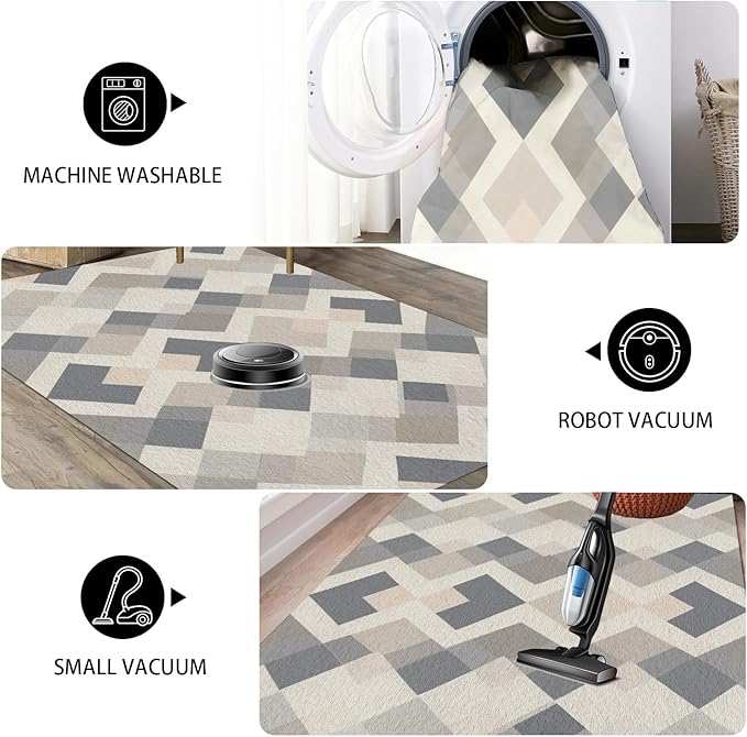 Modern Area Rug Living Room Rugs 4x5, Minimalist Soft Boho Geometric Rug, Non-Slip Washable Low Pile Non Shedding Carpet for Bedroom Office Dining Room Kitchen Nursery, Gray Beige White