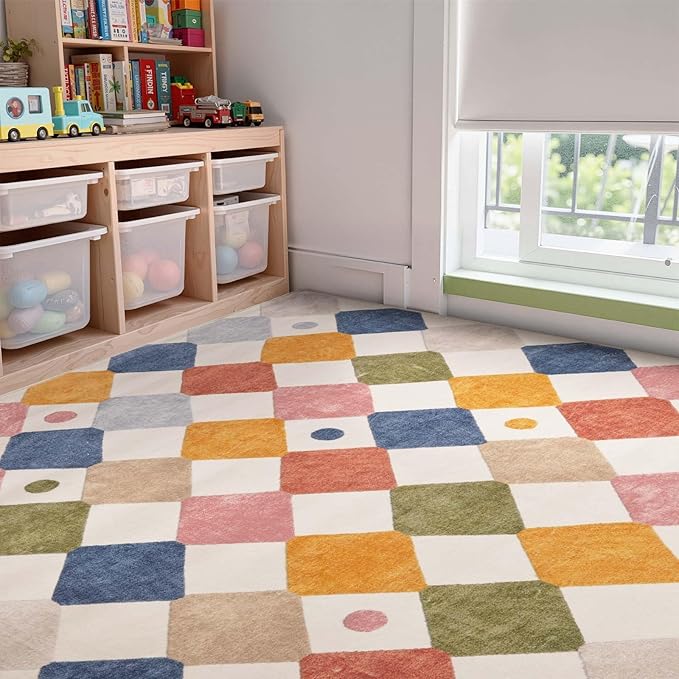 jinchan Macy Area Rug 6x9 Kids Washable Rug Indoor Floor Cover Non-Slip Modern Soft Rug Elementary School Classroom Colorful Diamond Carpet for Nursery Playroom Daycare Living Room Circus on Cream