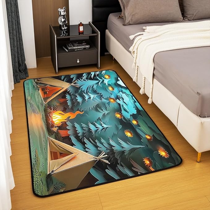 Camping Large Area Rug 5x7 Woodland Camp Living Room Rug | Vintage Camfire Tent Rugs for Bedroom, Camper Decor Rustic Carpet Indoor Floor Mat,Farmhouse Decor