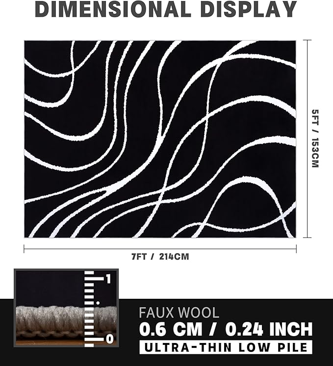YIHOUSE Black Modern Area Rug 5x7,Abstract Rugs for Bedroom,Black and White Geometric Rug,Minimalist Striped Rug,Dark Washable Area Rugs 5x7 Non Slip Throw Rugs for Bedroom，Office