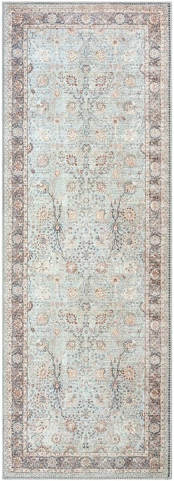 GLN Rugs Traditional Collection - Machine Washable Area Rug, Traditional Washable, Non Slip, Low Pile Chenille Rug, Living Room, Bedroom, Kitchen Rug (2'6" x 10' Light Blue)