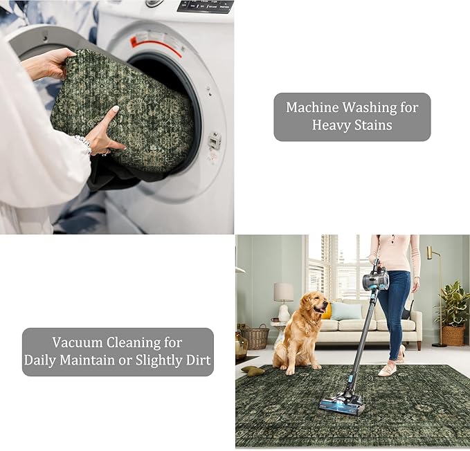 Morebes Washable Green 5x7 Area Rugs, Vintage Soft Bedroom Rug Non Slip, Non-Shedding Distressed Indoor Floor Throw Carpet for Bathroom Kitchen Living Dining Room Playroom Farmhouse Christmas Decor