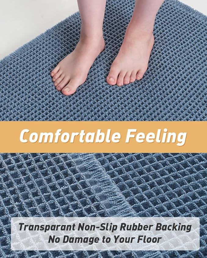 AMOAMI Upgraded Waffle Runner Rug Super Absorbent Non Slip Bath Mats for Bathroom Machine Washable Bathroom Runner Rug with Tassels, Ideal for Hallway Bedroom Laundry Room, 2'x 6'(24" x 72"), Blue