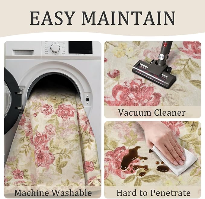 8x10 Machine Washable Area Rug for Living Room, Pink Vintage Boho Floral Rug Large Non-Slip Low Pile Soft Faux Wool Carpet, Kids and Pets Friendly for Bedroom Dining Room Farmhouse Home Decor Rug