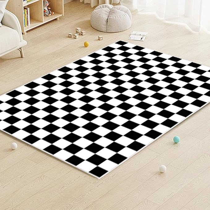 Checkered Rug 3x5 Washable Bedroom Rug Modern Indoor Non-Slip Black and White Checkered Kitchen Carpet for Dining Table Dorm Decor (Black and White, 3x5ft)