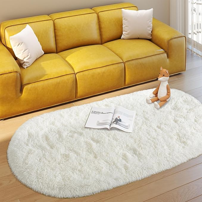 Soft Fluffy Area Rug for Bedroom, Cream White Fuzzy Shaggy Oval Throw Rugs for Bedside, Non-Slip Cozy Plush Shag Carpet for Kids Room Nursery Dorm Living Room, 2.6 x 5.3 Feet